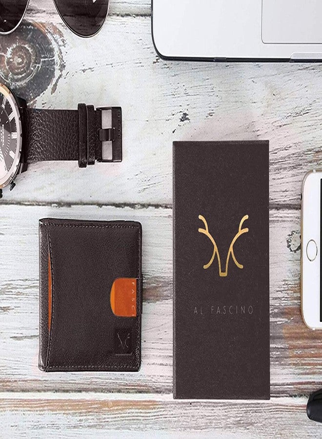الفاسنو محفظة رجالية بنية اللون من AL FASCINO، أنيقة، مزودة بتقنية RFID، مصنوعة من الجلد الطبيعي، ثنائية الطي، رفيعة، مزودة بسحاب ذكي، بتصميم بسيط. - Image 3